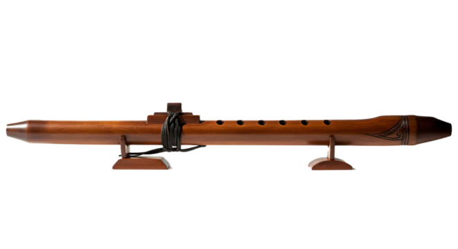 A native american flute resting on a wooden stand against a stark black background in a studio shot on transparent background