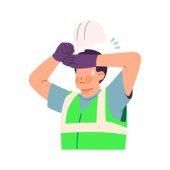 Male construction worker wiping sweat from his forehead due to extreme heat. Flat illustration, cartoon style vector isolated on white background