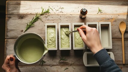 Pouring soap mixture into silicone mold	