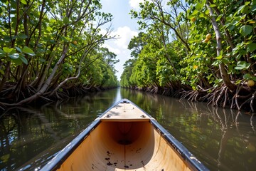 Fototapeta premium Tranquil Canoe Journey: A serene perspective from a canoe navigating a calm waterway, framed by lush mangrove forests and the clear sky, evoking a sense of calm and exploration.