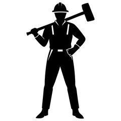 Silhouette of a construction worker holding a sledgehammer over his shoulder isolated on transparent background