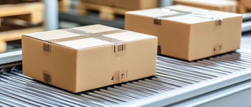 E-commerce Cardboard Boxes on Conveyor Belt in Warehouse