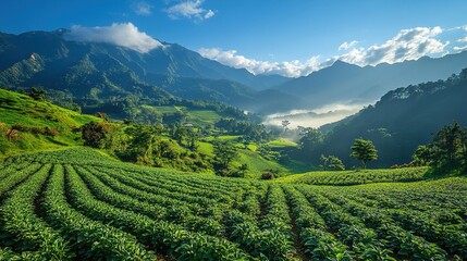 Naklejka premium Sunrise Over Misty Hills, Strawberry Fields and Old Sugarcane Plantation, Serene Morning Landscape