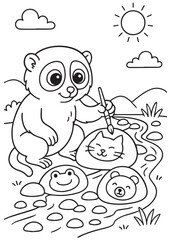 Coloring book slow loris painting rocks with cute animal faces.