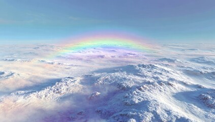 Fototapeta premium A vibrant, pastel rainbow arches over a landscape of snow-capped mountains and clouds