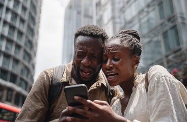 Couple reacting with surprise while looking at a smartphone in a city street during daytime
