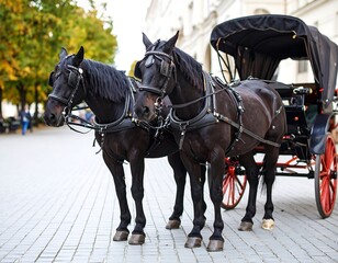 Black horses in a carriage on cobblestones