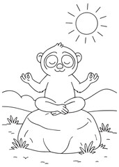 Coloring book slow loris meditating peacefully on a rock.