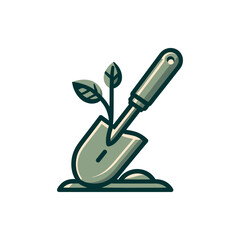 A gardening shovel with a sprouting plant, symbolizing growth and sustainability in nature