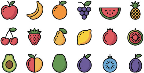 colorful fruit icon set, apple, banana, orange, grape bunch, watermelon slice, pineapple, strawberry, cherry pair, mango, pear, lemon.