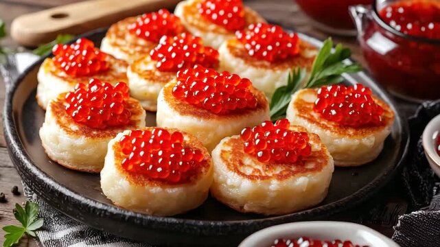 Appetizer blini with red caviar and herbs served on black plate for party or event