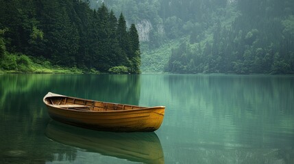 Serene Lake and Wooden Rowboat in a Misty Mountain Forest