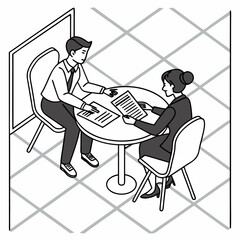 Two business people are having a meeting at a table in an office isolated on white background