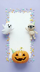 Obraz premium Halloween party invitation template with ghost mummy and pumpkin for kids and family fun