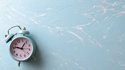 Vintage alarm clock on textured blue surface, minimalist pastel aesthetic with soft shadows.