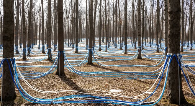 Maple syrup harvesting in a forest with spile and blue pipes lines and spile