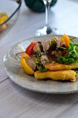 Colorful grilled chicken skewer with vibrant vegetables as a delicious food background. 