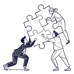 Three people are working together to complete a jigsaw puzzle isolated on white background