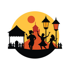 vector retro village festival sunset with lanterns.