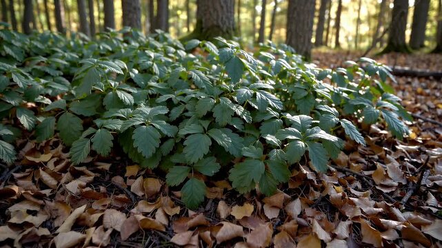 autumn foliage of vaccinium vitis idaea plant also known as lingonberry or mountain cranberry native to boreal forests close up view of red tinged leaves in natural habitat without visible berries