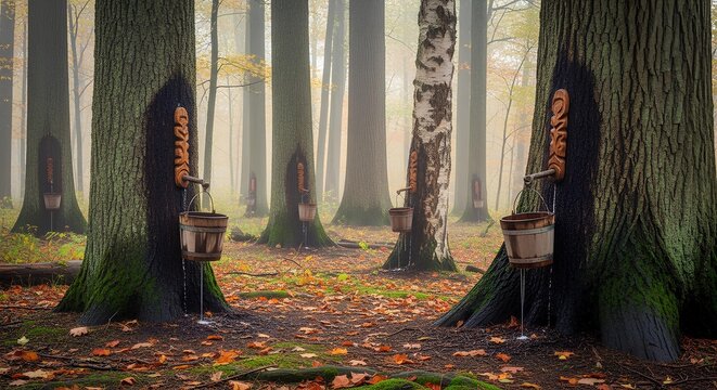 Autumnal forest scene of trees equipped with spiles to collect maple sap