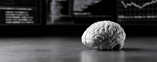 Human brain artificial intelligence model with coding data in background. AI concept for machine learning and deep learning technology.