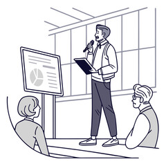 Man is giving a presentation with charts to an audience isolated on white background