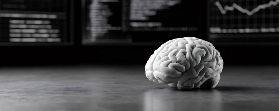Human brain artificial intelligence model with coding data in background. AI concept for machine learning and deep learning technology.