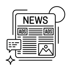 Newspaper with ads and speech bubble icon representing news and communication