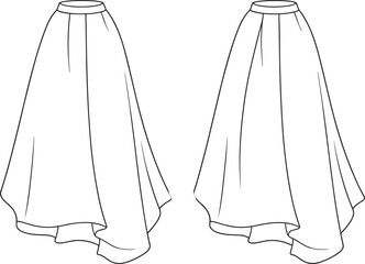 Cad drawing flat vector illustration, asymmetrical skirt design, high waist, fashion sketch, high-low hemline, garment template, apparel flat sketch**