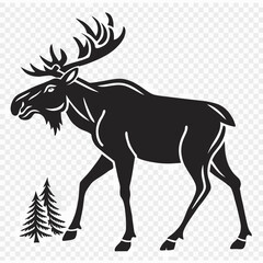 Silhouette of a moose standing near two pine trees isolated on white background