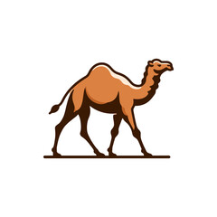 A solitary camel walking across a sandy desert landscape under a clear blue sky