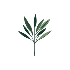 A stylized green plant branch with elongated leaves, set against a clean, white background