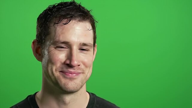Smiling man with closed eyes in front of green backdrop