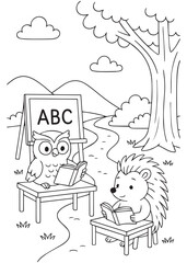Coloring book hedgehog learning ABC with an owl teacher outdoors.