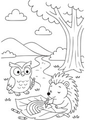 Coloring book hedgehog drawing with crayons on a mat with owls nearby.