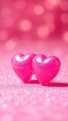 Fototapeta premium Sparkling pink hearts on glitter surface with dreamy bokeh and soft romantic glow