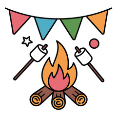 Cozy campfire with marshmallows and bunting flags for outdoor fun