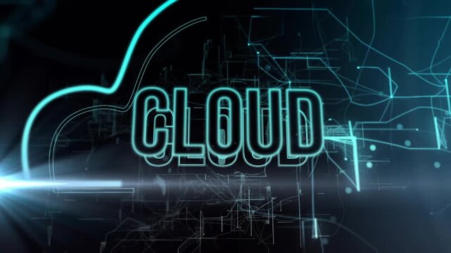 Flare sweeping from left causing letters forming CLOUD and outline tracing to show network link