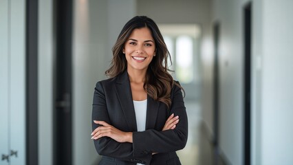Sonriente gerente, abogada o consultora de pie en el interior de un edificio corporativo con fondo desenfocado. Imagen de una empleada ambiciosa y amigable lista para el &eacute;xito y el crecimiento laboral