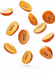 Falling identical persimmon slices floating in the air isolated on white background