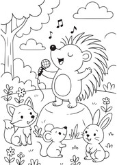 Coloring book hedgehog singing into a mic in front of woodland animals.