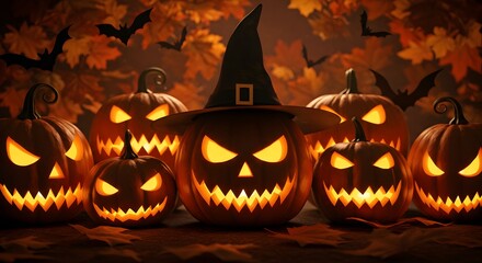 Spooky Halloween Scene: A cluster of illuminated jack-o'-lanterns, each with menacing eyes and grins, clustered together under a whimsical witch's hat, casting an eerie glow.
