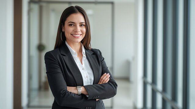 Retrato de una joven y exitosa mujer de negocios cauc&aacute;sica con los brazos cruzados, sonriendo con confianza a la c&aacute;mara en un moderno pasillo de oficina. Concepto de liderazgo, empoderamiento 