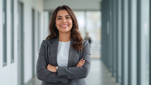 Joven empresaria segura de s&iacute; misma posando en su lugar de trabajo. Retrato de una profesional con traje de negocios negro y camisa blanca, lista para una reuni&oacute;n o presentaci&oacute;n en entorno corporativo
