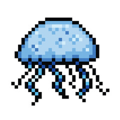 Blue floating jellyfish pixel game 8 bit styled colorful cartoon illustration isolated on white background.