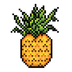 Spiky raw pineapple fruit pixel game 8 bit styled colorful cartoon illustration isolated on white background.