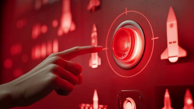 Launch sequence initiated finger presses button with rockets ready for liftoff in vibrant red glow