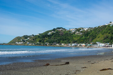 Obraz premium Tranquil Beach Scene with Lush Hills and Colorful Houses
