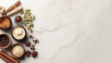 Aromatic skincare ingredients arranged on a light marble surface.  Small jars of cream and spices like cinnamon, cardamom, and star anise.  Natural beauty products concept